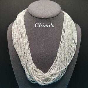 Chico's White Seed Bead Necklace, 30 Strands, Hammered Silver End Caps, 26 Inch